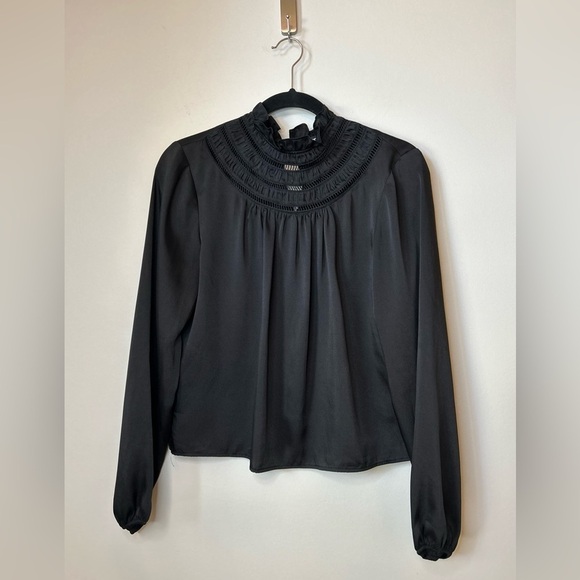 Express High Ruffle Neck Balloon Sleeve Crop Blouse Black - Picture 1 of 7